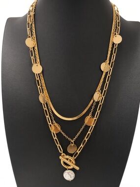 Goldtone Layered Necklace With Disc Charms, Toggle & Pearl Drop
